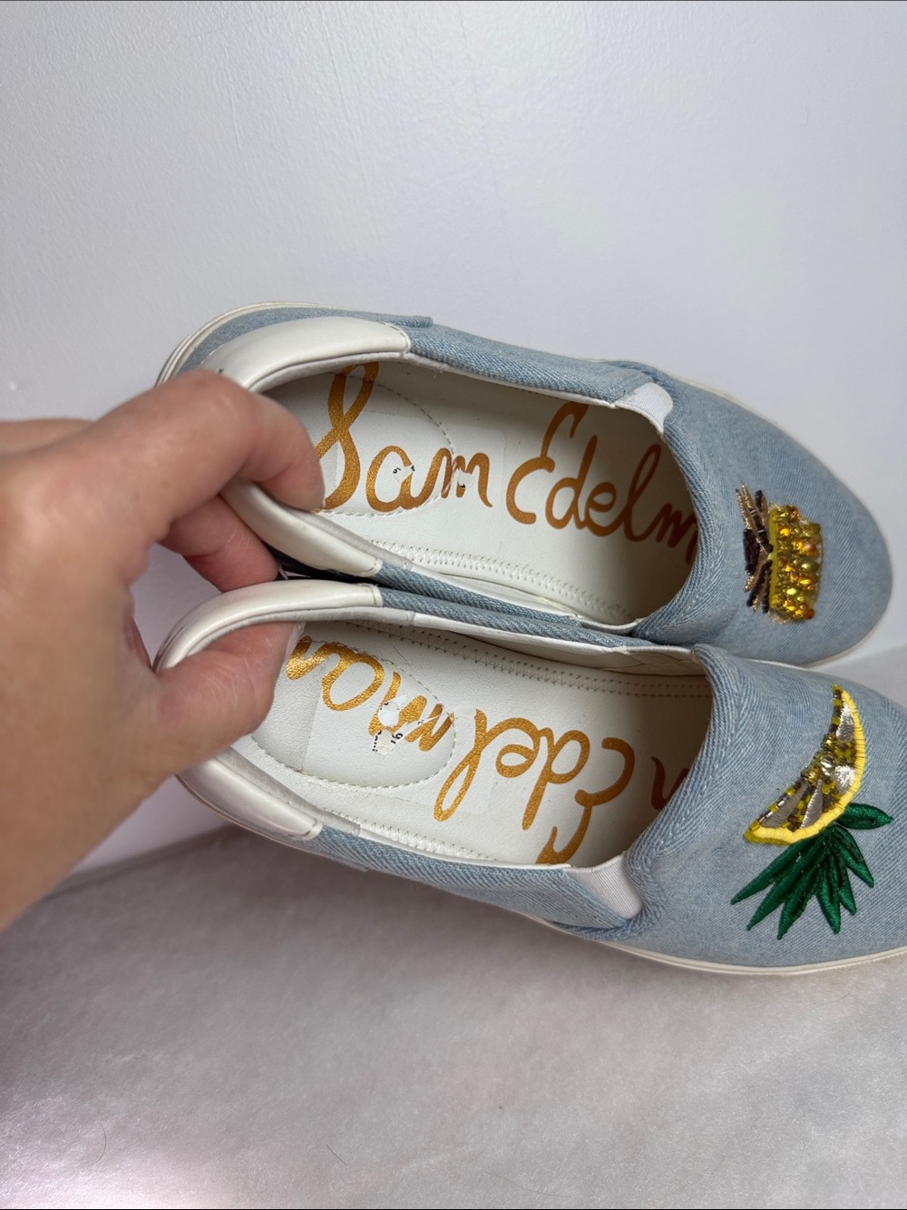Sam Edelman Womens Evelina Pineapple Sequin Slip On Denim Sneakers Blue Size 9M - Picture 11 of 11